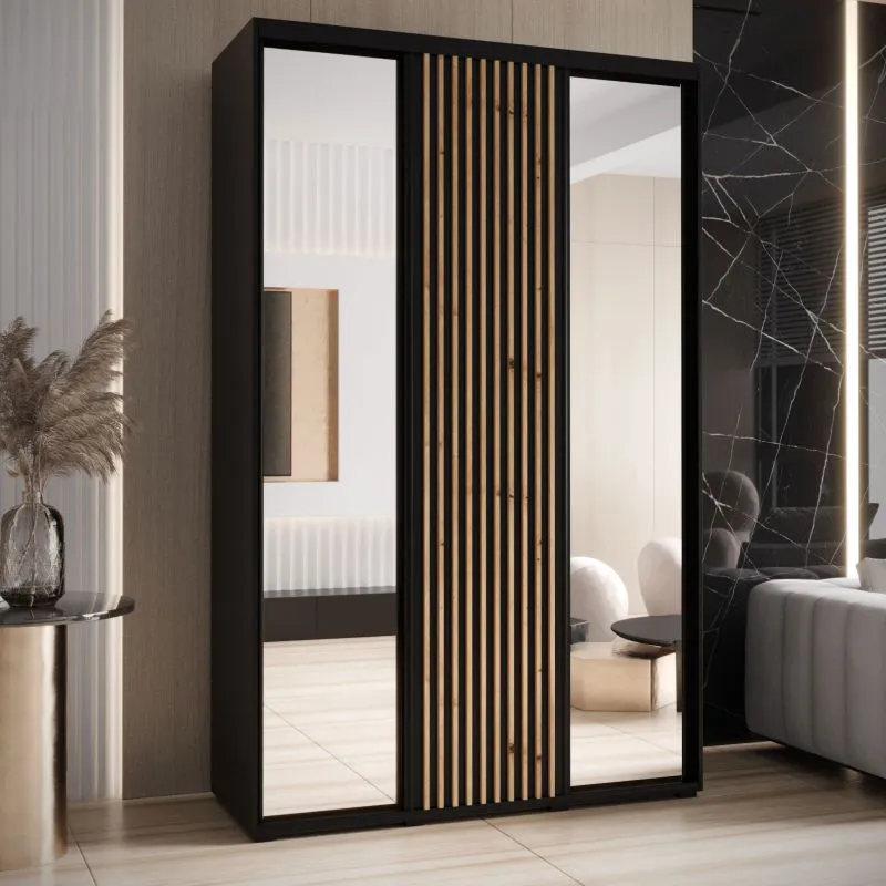 Armoire à portes coulissantes noire Mina avec miroir | Anti-poussière | Design moderne | Grand espace, 235,2 x 150 x 60 cm
