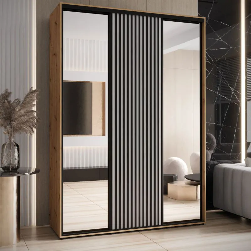 Armoire à portes coulissantes Mina avec miroir en blanc/chêne, 235,2 x 170 x 60 cm, convient aussi pour le salon, anti-poussière, poignée métallique en noir