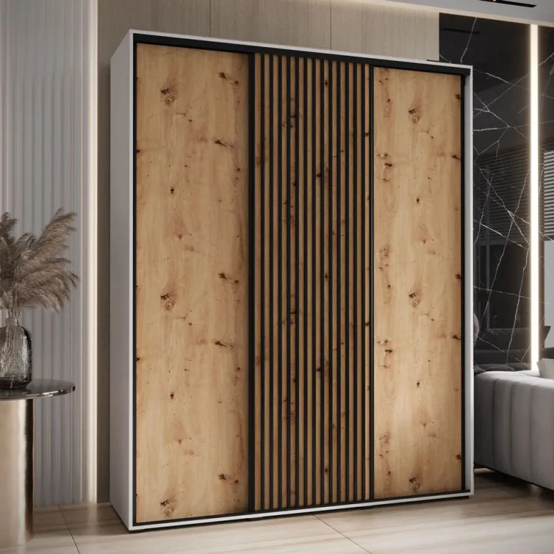 Armoire à portes coulissantes Mina blanc et chêne | Poignées métal noir | 235,2 x 200 x 60 cm