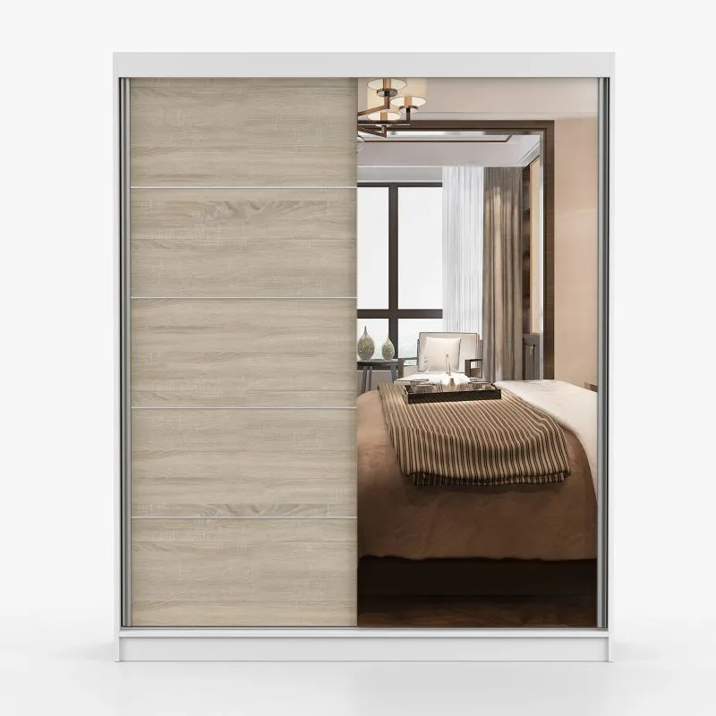 Penderie / Armoire à portes coulissantes avec miroir / 195 x 160 x 61 cm / Chêne / Blanc / Galtee 08 / 2 portes / 6 compartiments / Beaucoup d'espace de rangement / Aspect bois