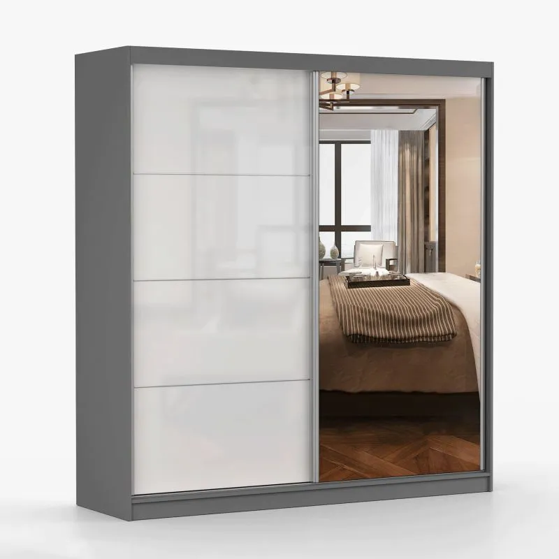 Armoire à portes coulissantes / Penderie avec miroir Blanc / Gris / Gorski 31 / 218 x 203 x 61 cm / 2 portes / 6 compartiments / Beaucoup d'espace de rangement / Bicolore