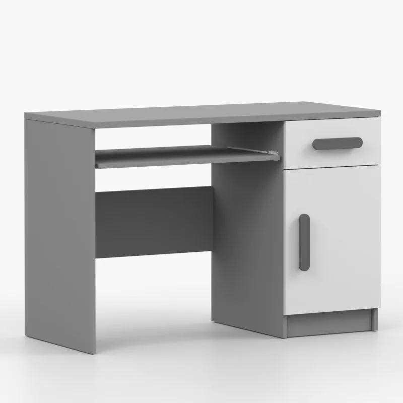Bureau de 1,1 mètre de large / Smolikas 88 / Blanc / Gris / Poignées en bois / 1 porte / 1 tiroir / 3 compartiments / 75 x 110 x 50 cm