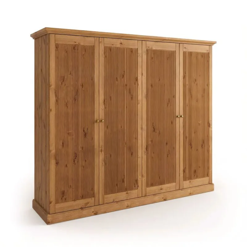 Armoire / Pin finlandais massif / Poignées : Argent vieilli / Couleur : chêne / Armoire à portes battantes / Style classique / Dimensions : 212,5 x 248 x 63 cm / Quatre portes