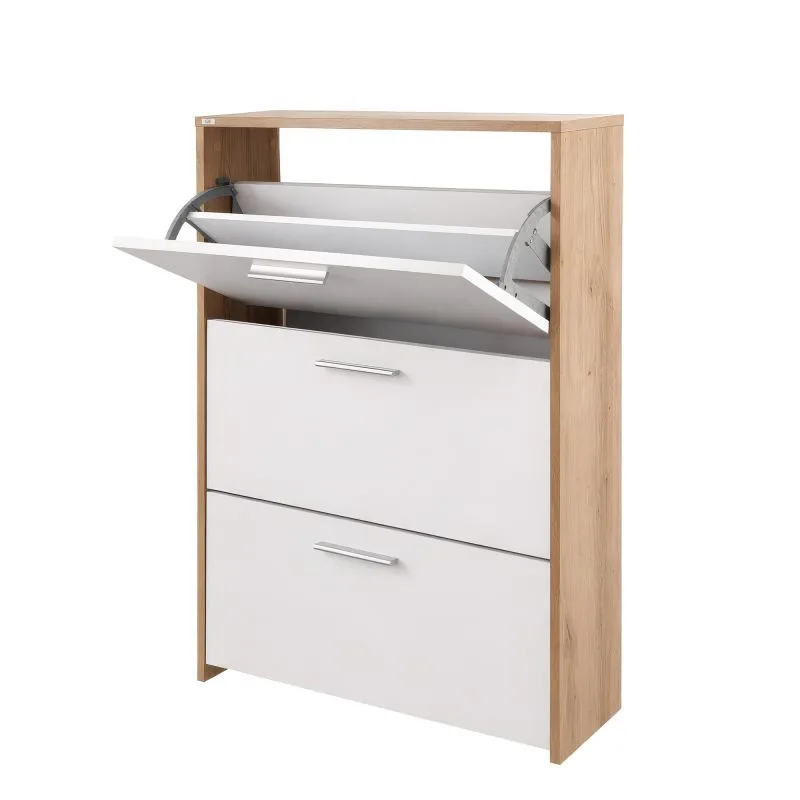 Armoire à chaussures Belvun 3 / Couleur : Chêne artisan/Blanc mat / 3 compartiments à clapet / un grand espace de rangement sur une petite surface / 69 x 25 x 115 cm / penderie / entrée