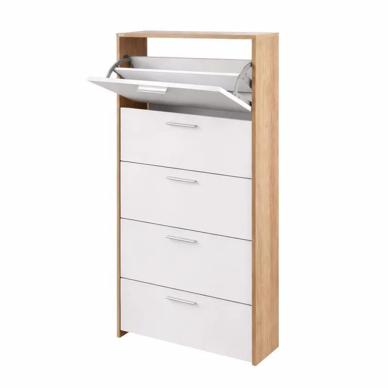 Armoire à chaussures Belvun 5 / Couleur : Chêne artisan/Blanc mat / 5 compartiments à clapet / un grand espace de rangement sur une surface réduite / 69 x 25 x 187 cm / penderie / entrée