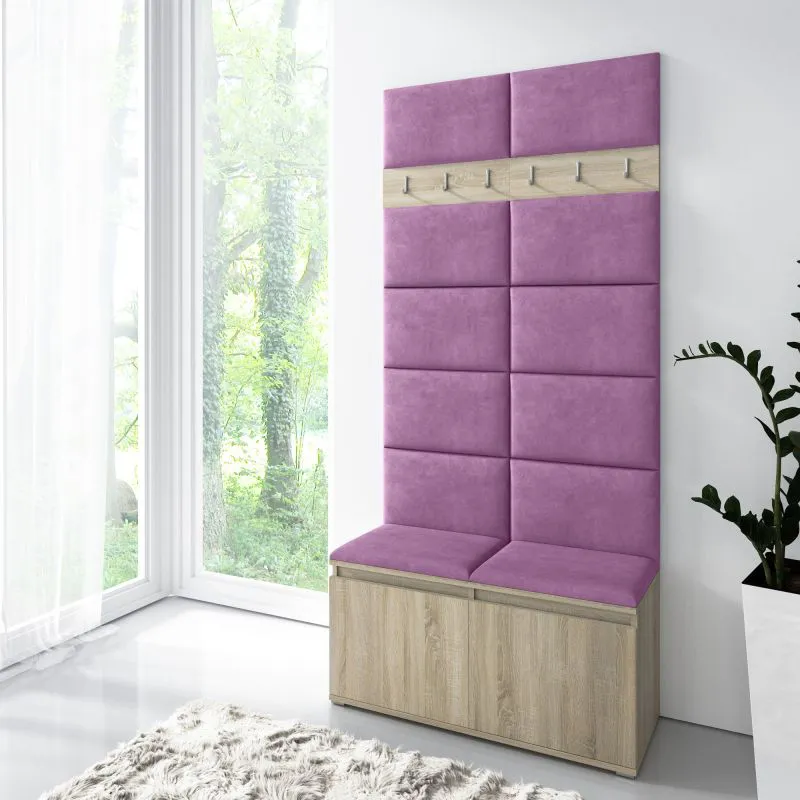 Penderie d’entrée avec meuble à chaussures 8 paires | Assise et mur capitonnés | Sonoma chêne/Purple | 215x100x40cm | 6 patères, 4 compartiments