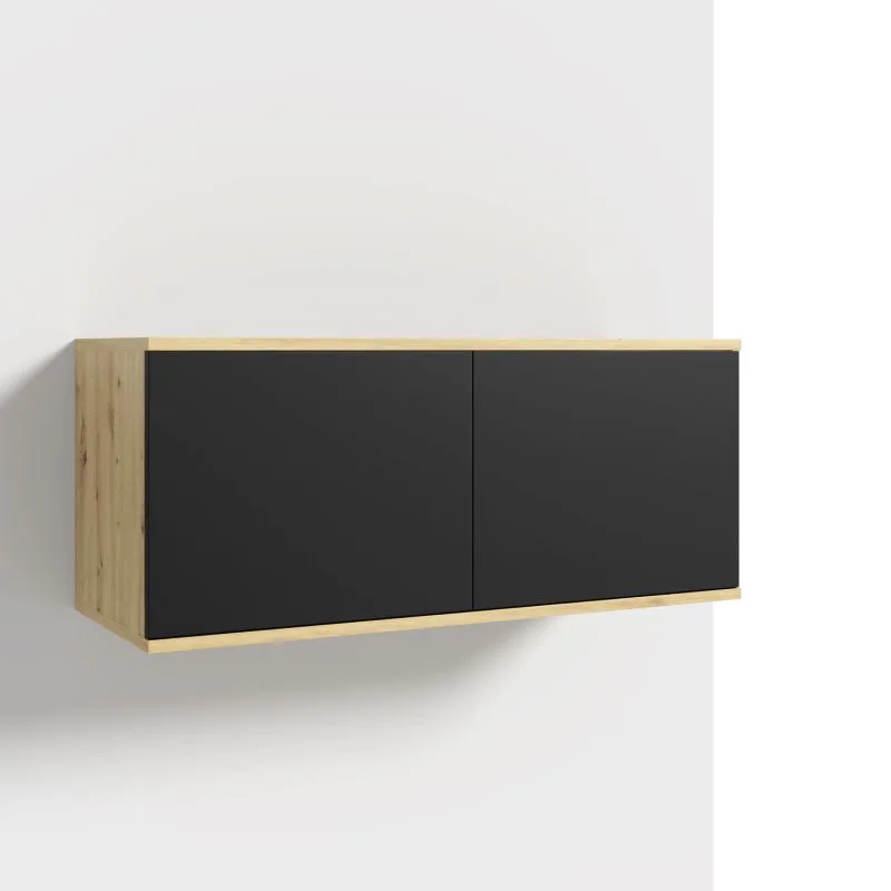 Armoire suspendue avec deux portes basculantes Zapopan 77, avec deux compartiments, Couleur : Chêne Artisan / Noir, Dimensions : 40 x 100 x 40 cm, Fonction Push-to-open