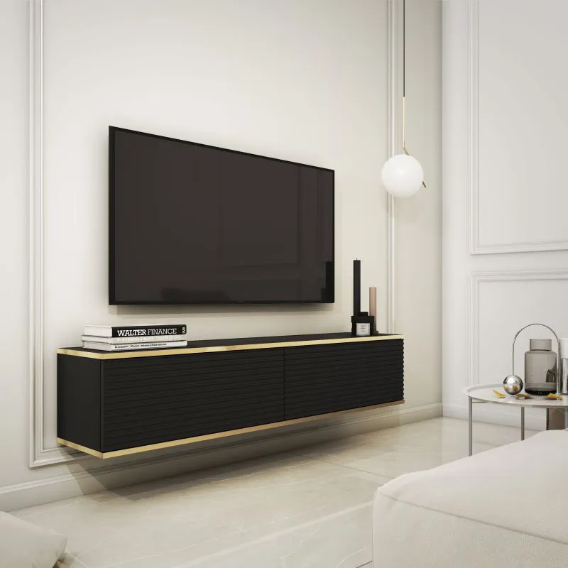 Meuble TV moderne au look élégant Horsham 01, Couleur : Noir - dimensions : 30 x 135 x 32 cm (h x l x p), avec fonction push-to-open