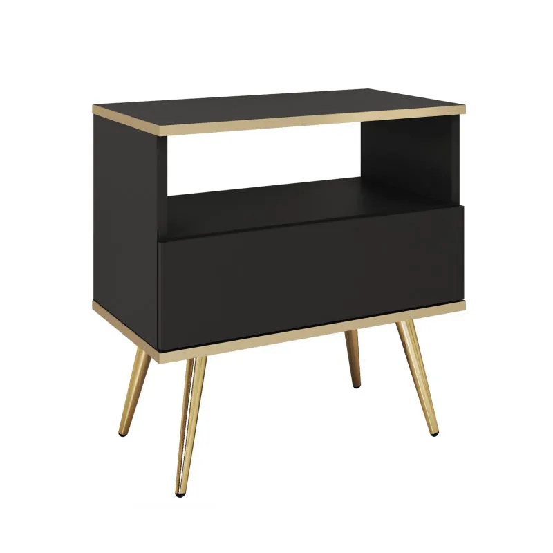 Table de nuit noire Horsham 78 | 1 tiroir push-to-open | niche de rangement | pieds dorés | 59 x 54 x 39 cm
