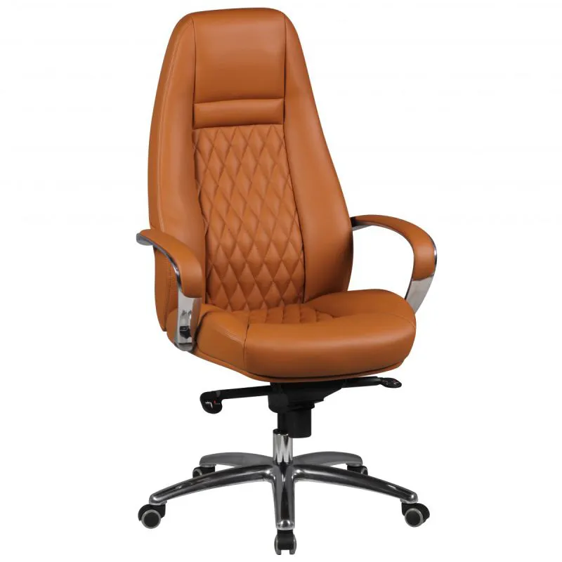 Fauteuil de direction ergonomique Apolo 68 | Cuir véritable brun & aluminium chromé | Dossier réglable | Design capitonné