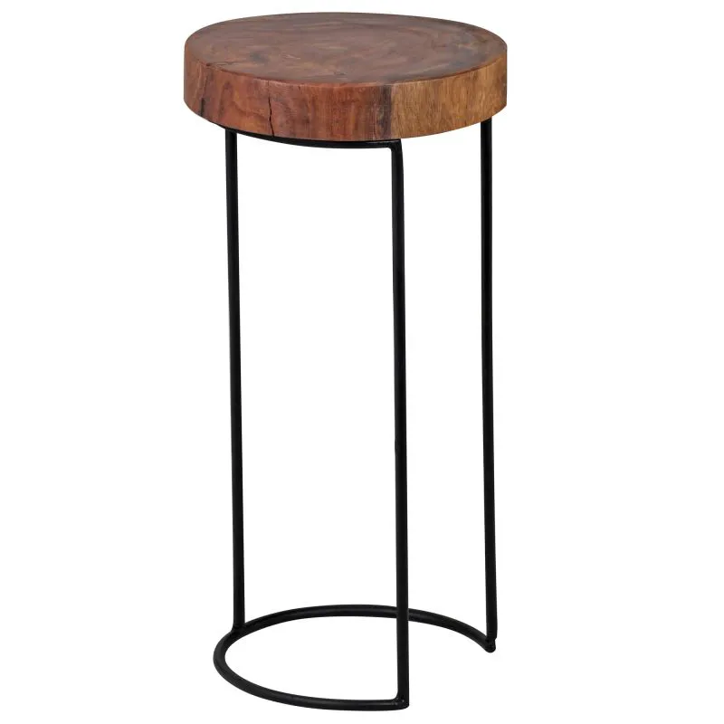 Table d’appoint design en bois massif Sheesham | Plateau effet tronc | 55 x 28 x 28 cm | Pieds noirs