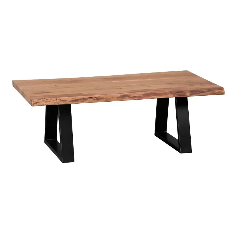 Table basse salon plateau bois naturel | Acacia & Noir | 40 x 60 x 115 cm | Pieds métal robustes