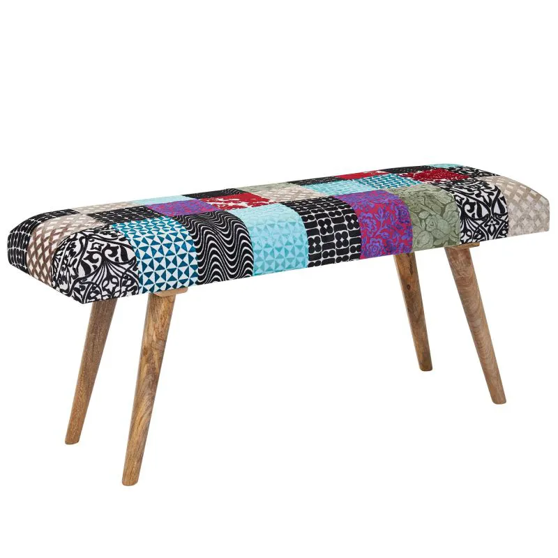 Banc en bois massif de manguier | Assise en velours multicolore | 51 x 117 x 38 cm | Design patchwork