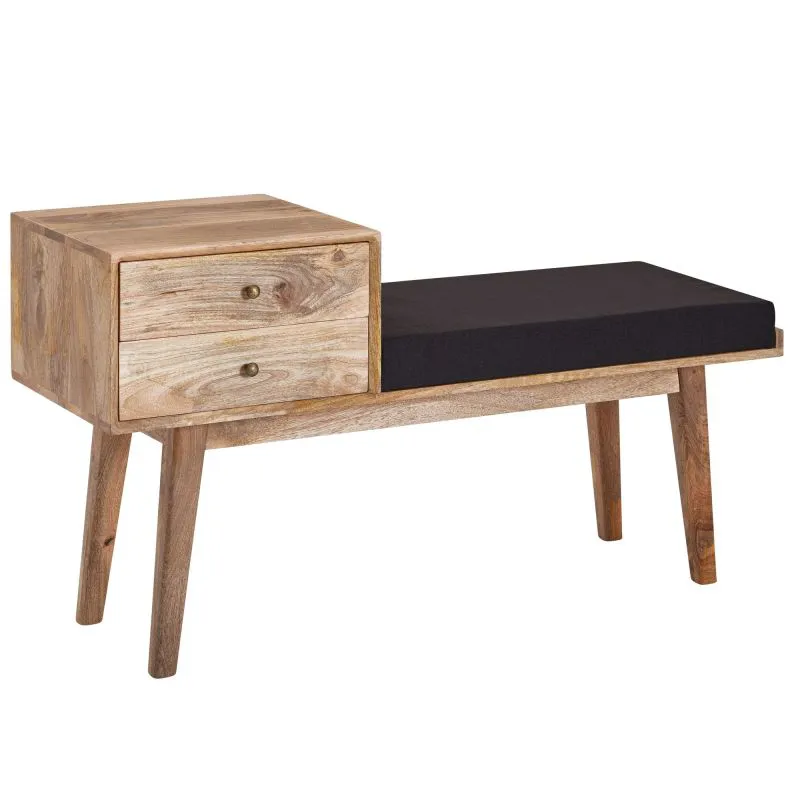 Banc coffre en bois massif de manguier | 65 x 120 x 40 cm | Assise noire en tissu et cuir de chèvre | 2 tiroirs