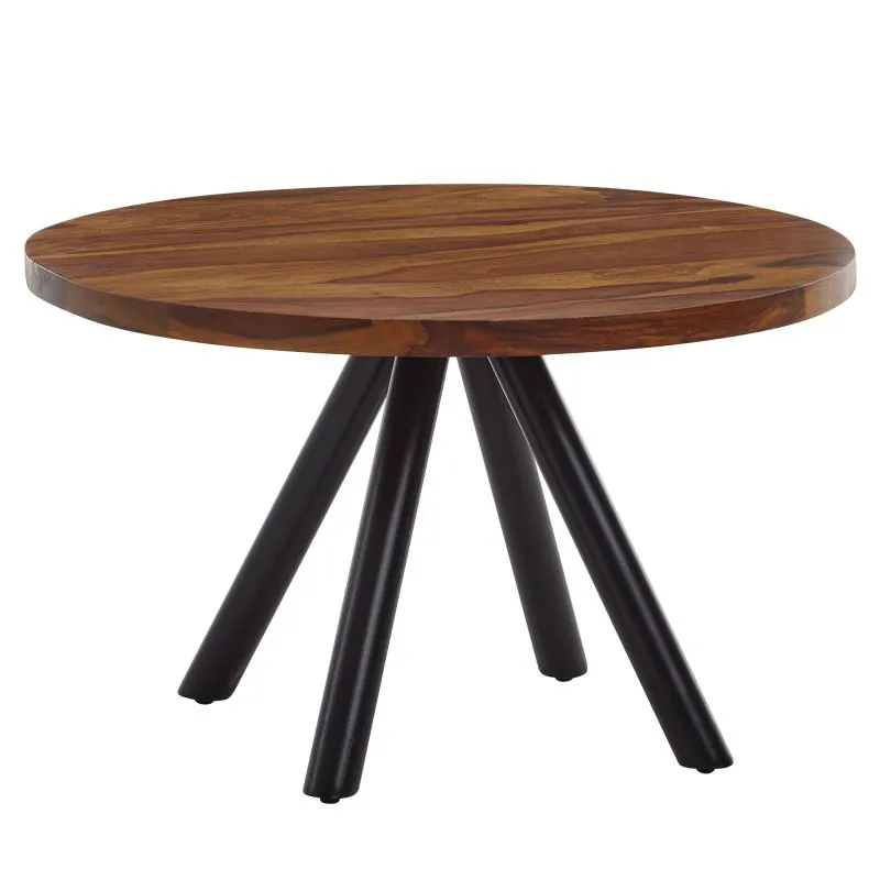 Table basse ronde en bois massif de sheesham | 60 x 60 x 35 cm | Plateau foncé, piétement métal noir