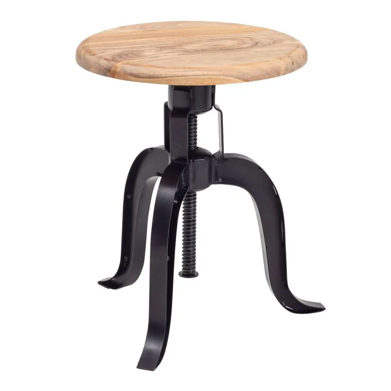 Tabouret pivotant réglable en hauteur | Bois d’acacia massif & métal noir | Style industriel | 48-62,5 x 39 x 39 cm