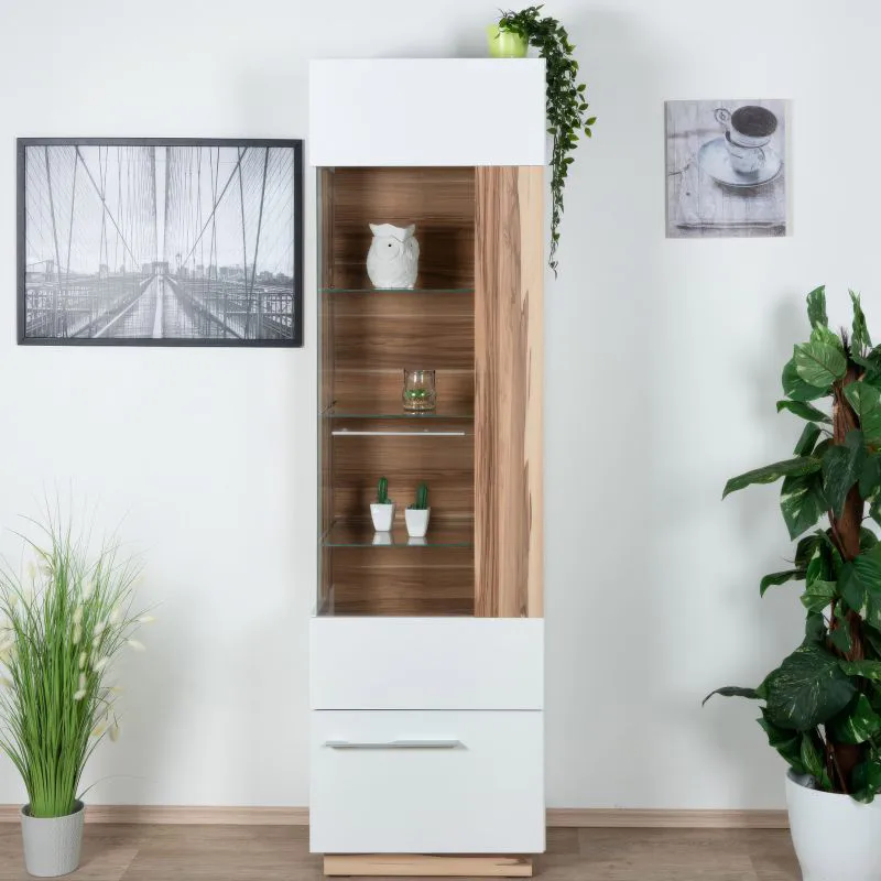 Vitrine "Tinlot" 02, charnière de porte à droite, blanc / noyer - Dimensions : 193 x 55 x 40 cm (H x L x P)
