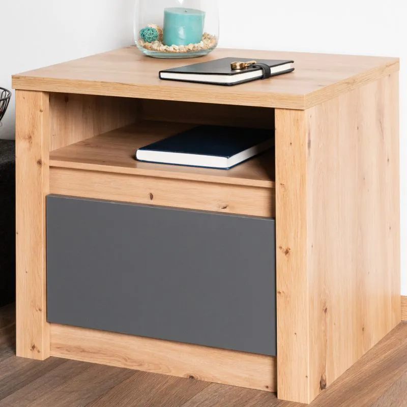 Table de chevet compacte Faleula 11, 1 tiroir, chêne/gris, dimensions : 45 x 50 x 43 cm, avec protection ABS, compartiment ouvert, pour chambre à coucher