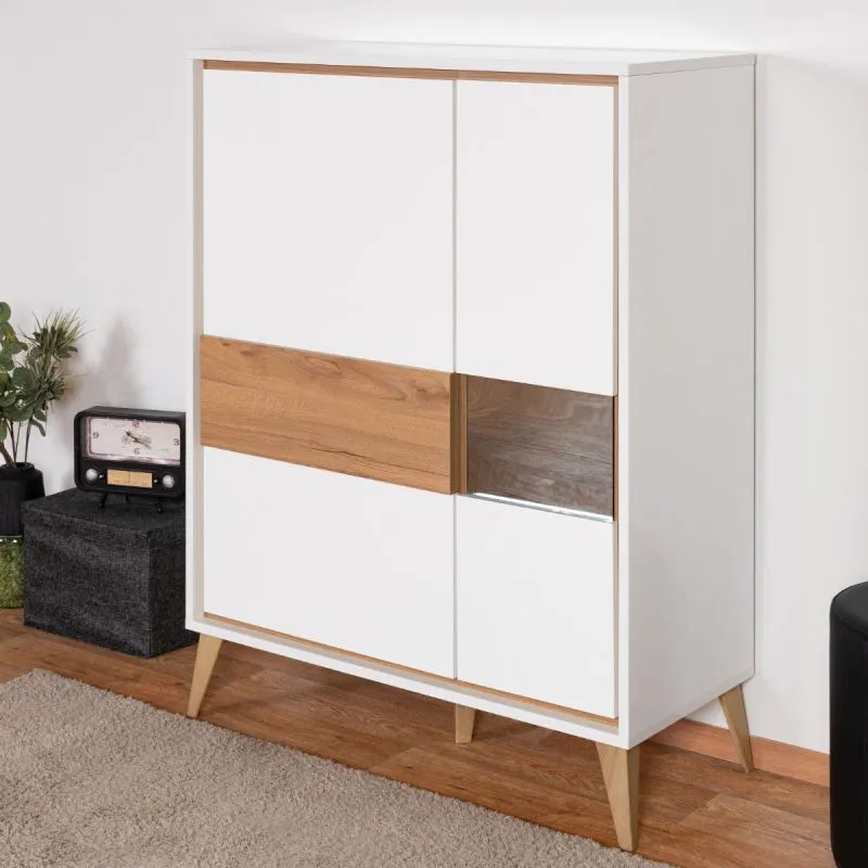 Vitrine Tuanai 03, Couleur : Chêne / Blanc brillant - 121 x 95 x 40 cm (H x L x P)