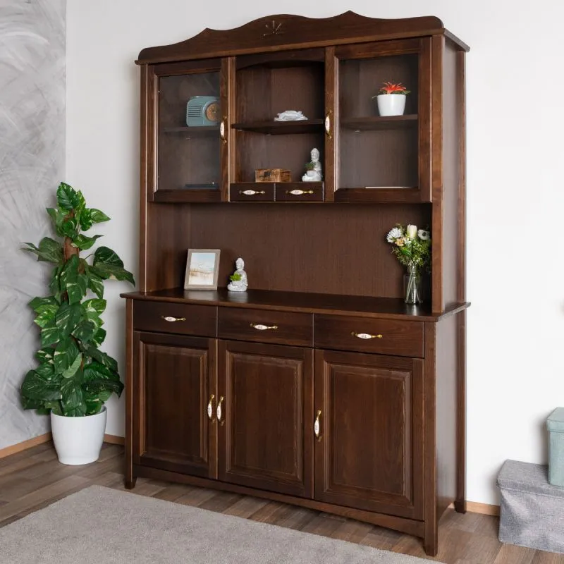 Vitrine spacieuse en pin massif Turakos 08 | Finition noyer | 214 x 150 x 50 cm | 5 portes, 5 tiroirs | Grand espace de rangement