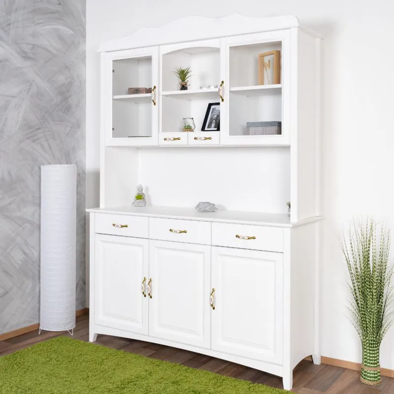 Vitrine blanche en pin massif Turakos 08 | 214 x 150 x 50 cm | 5 portes, 5 tiroirs | Design classique, robuste