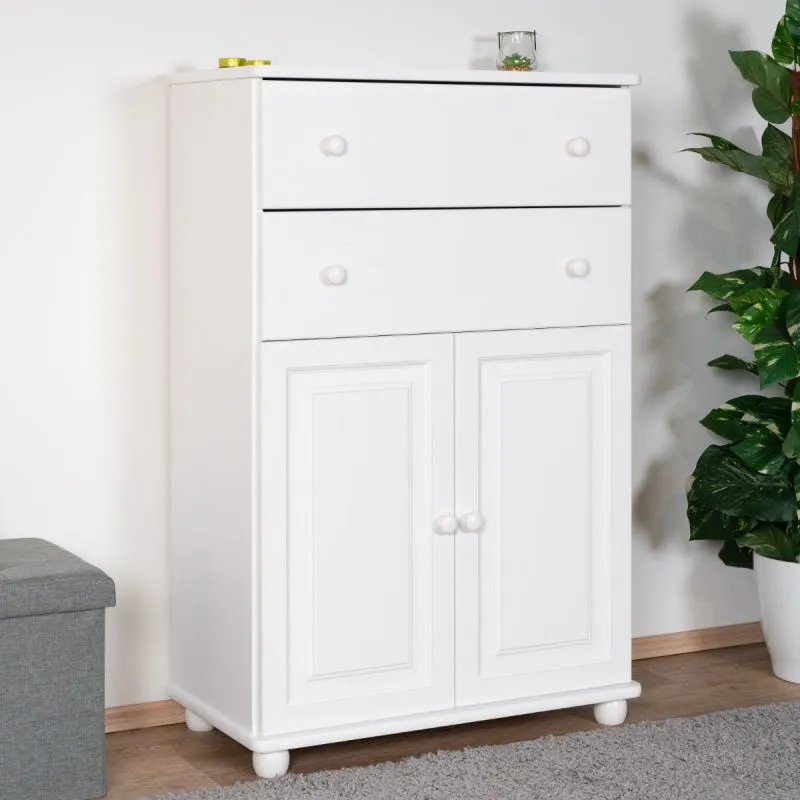 Commode solide en pin massif laqué blanc Junco 160, design moderne et simple, 123 x 80 x 43 cm, avec deux tiroirs spacieux, deux compartiments
