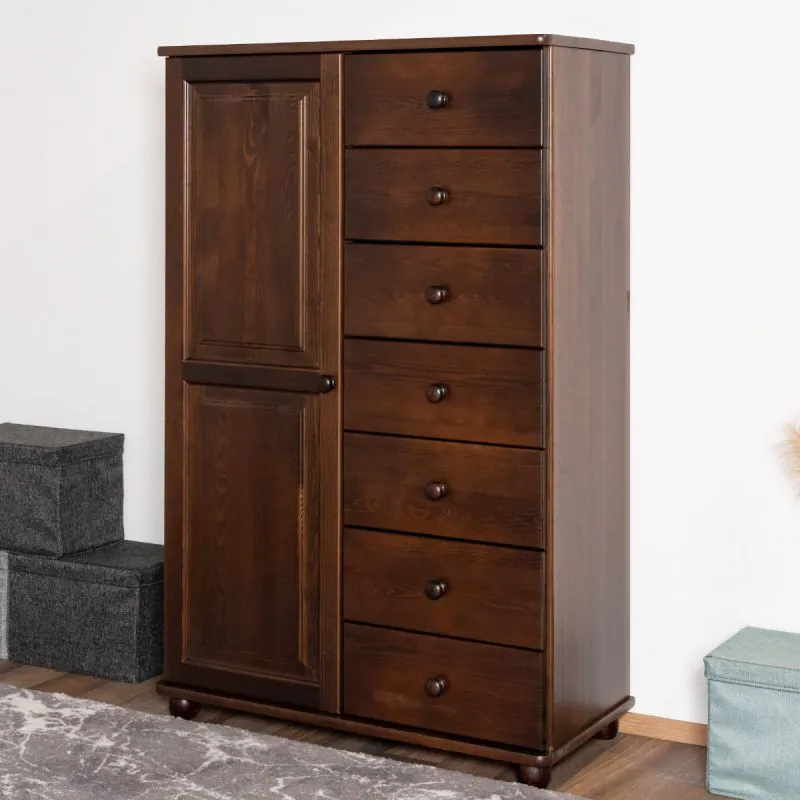 Commode spacieuse Junco 155, en pin massif , 140 x 90 x 42 cm, en couleur noyer, avec 7 tiroirs et 4 compartiments, stable et durable, beaucoup d'espace de rangement