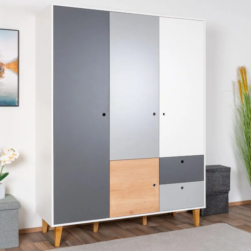 Armoire penderie 4 portes Syrina 05 | Blanc / Gris / Chêne | 202 x 153 x 55 cm | Rangement fonctionnel