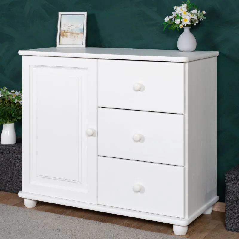 Commode en pin massif Junco 178, en blanc, 78 x 90 x 42 cm, avec 3 tiroirs et 2 compartiments, montage simple et rapide, spacieuse, très stable