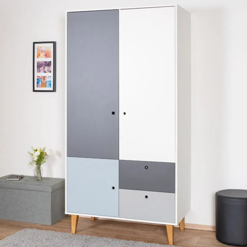 Armoire penderie 3 portes enfant Syrina 04 | Blanc / Gris / Bleu | 202 x 104 x 55 cm