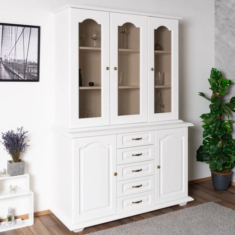 Vitrine élégante en pin massif Pipilo 07 | Blanc | 200 x 135 x 54 cm | 8 compartiments, 5 tiroirs | Finition haut de gamme