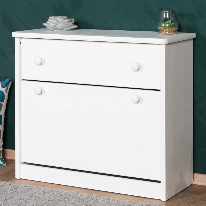 Armoire à chaussures en pin massif laqué blanc Junco 218 - Dimensions : 62 x 72 x 30 cm (H x L x P)