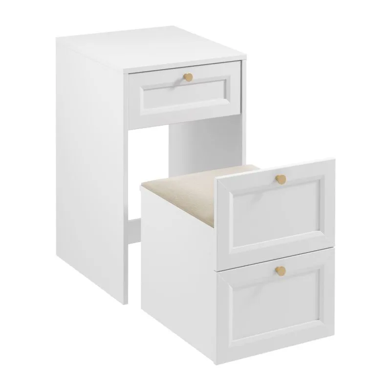 Coiffeuse blanche Ersigen 10 avec siège, grand espace de rangement, 80 x 50 x 50 cm | Poignées dorées | Miroir et organiseur