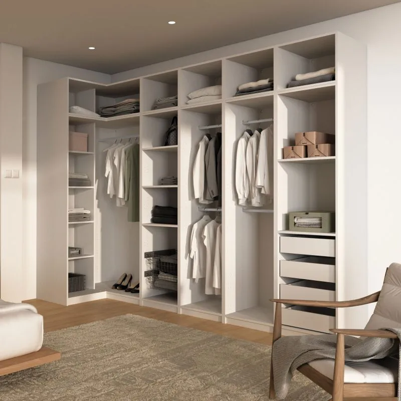 Ensemble d'armoires pour dressing - Ensemble D Aarwangen / Couleur : Blanc platine / Dimensions : 263 x 55 x 234 cm / Armoire ouverte / suffisamment de compartiments / 4 tiroirs