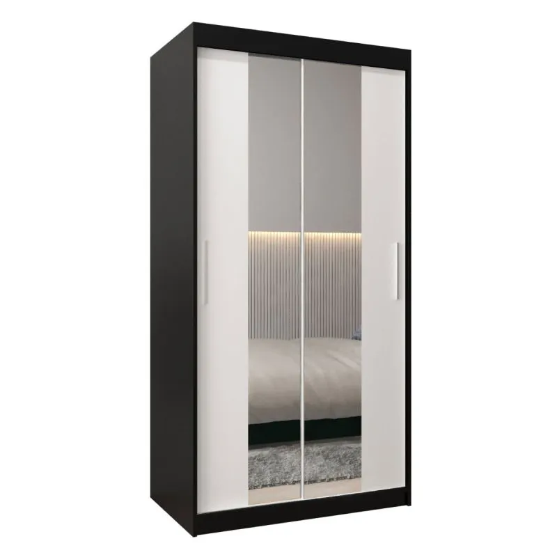 100 cm de large Armoire à portes coulissantes avec 2 portes | 5 casiers | 2 tringles à vêtements | Couleur : Blanc / Noir Abbildung
