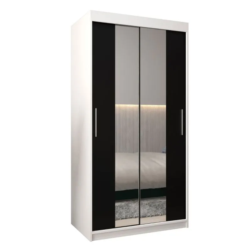 100 cm de large Armoire à portes coulissantes avec 2 portes | 5 casiers | 2 tringles à vêtements | Couleur : Blanc / Noir Abbildung