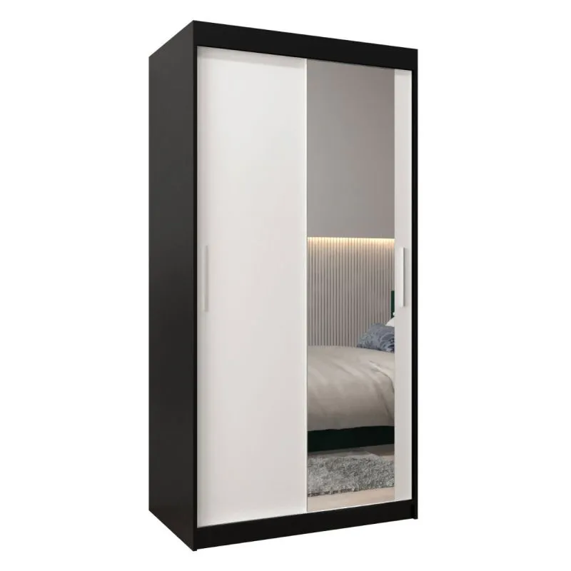 100 cm de large Armoire à portes coulissantes avec 2 portes | 5 casiers | 2 tringles à vêtements | Couleur : Blanc / Noir Abbildung