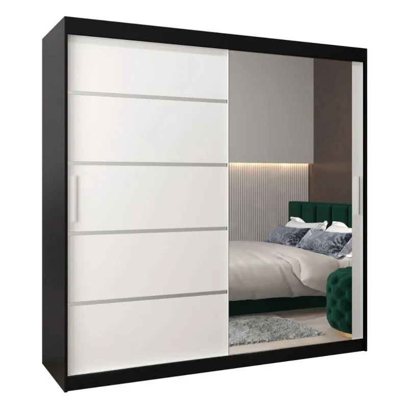 200 cm de large Armoire à portes coulissantes avec 2 portes | 10 casiers | 2 tringles à vêtements | Couleur: Blanc / Noir Abbildung