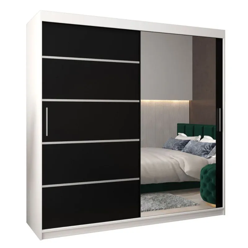 200 cm de large Armoire à portes coulissantes avec 2 portes | 10 casiers | 2 tringles à vêtements | Couleur: Blanc / Noir Abbildung