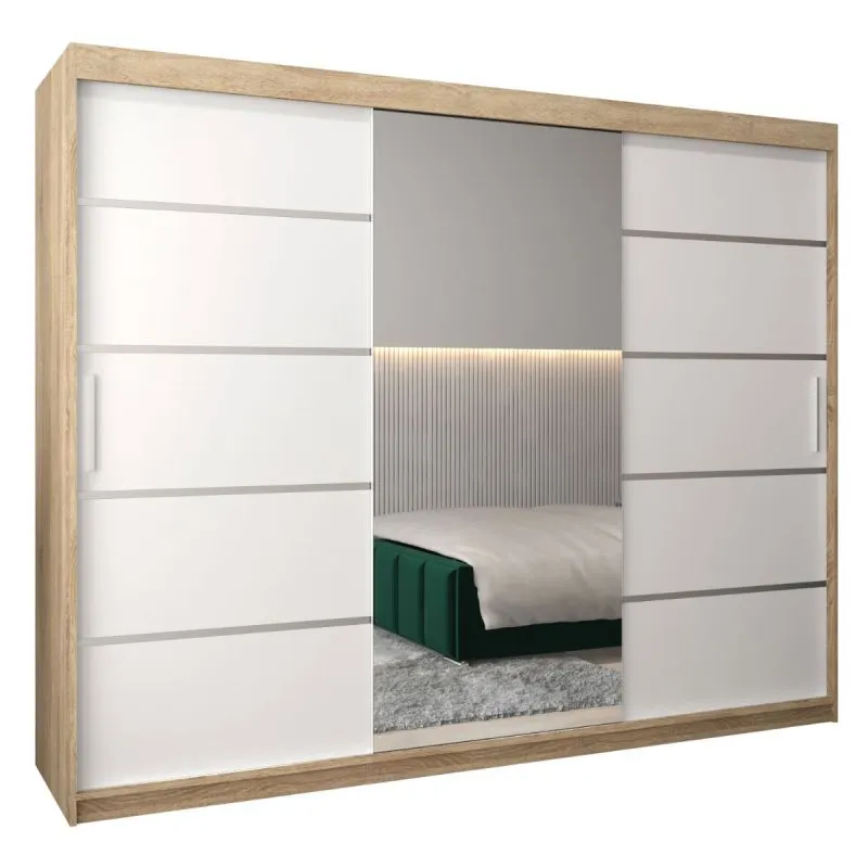 250 cm de large Armoire à portes coulissantes avec 3 portes | 10 casiers | 2 tringles à vêtements | Couleur: Chêne Sonoma / Blanc Abbildung