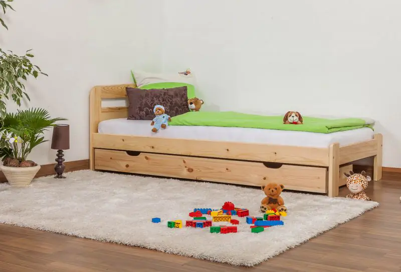 lit d'enfant / lit de jeunesse en bois de pin naturel massif A5, sommier à lattes inclus - Dimensions 90 x 200 cm