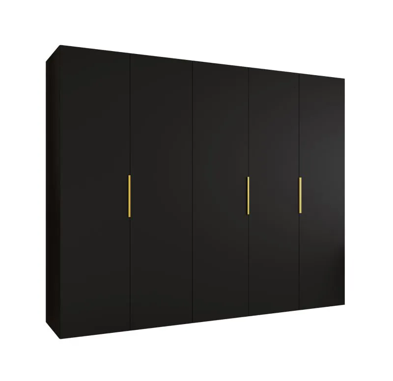 Armoire à portes battantes avec fonction soft-close Korab 41, Couleur : Noir, largeur 2,5 mètres, trois compartiments, trois tringles à vêtements, Poignées : Or, Penderie