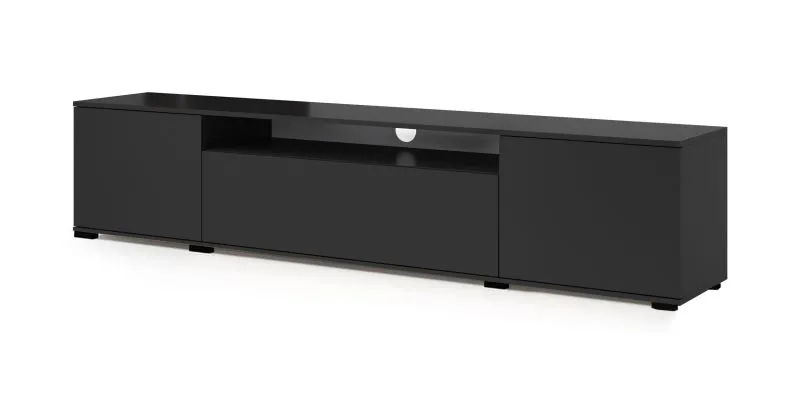 Armoire TV / Meuble TV avec quatre compartiments Zapopan 116, Couleur : Noir, dimensions : 42 x 180 x 40 cm, un trou pour le câble, Fonction push-to-open, stable et robuste