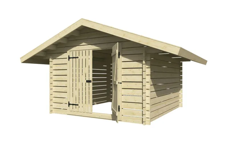 Abri en bois / Abri de jardin avec toit à deux pentes, en pin, raboté, 40 mm Maison en madriers, double porte, Surface au sol : 7,18 m², Dimensions extérieures : 268 x 268 cm