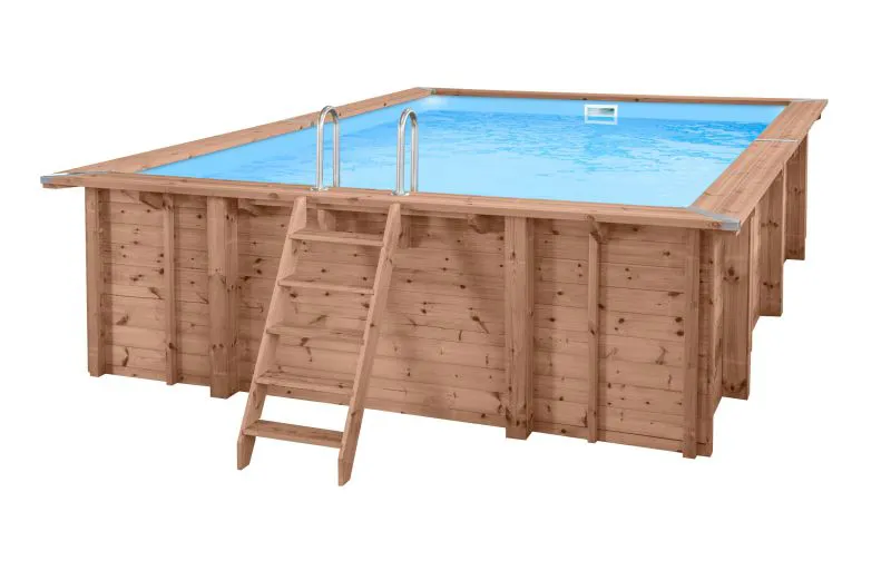 Piscine en bois Verano 08 - Ensemble en pin KDI - Dimensions (cm) : 419 x 600 x 131 (lo x la x h), pompe et filtre à sable inclus