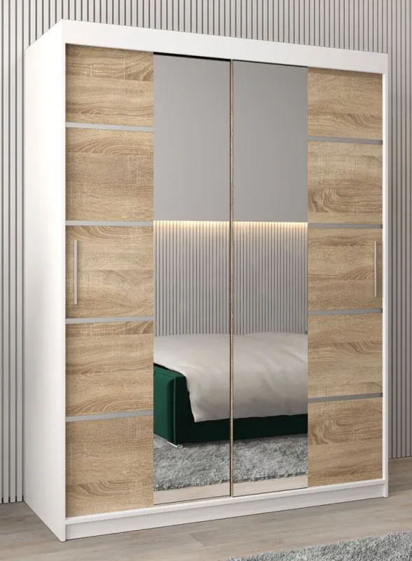 Armoire à portes coulissantes Jan 03D avec miroir | Blanc mat & Chêne Sonoma | 200 x 150 x 62 cm
