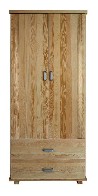 Étroite Armoire | 2 portes battantes | 2 tiroirs | 1 casier | avec tringle à vêtements | 80 cm de large | Bois massif | Couleur: Naturel Abbildung