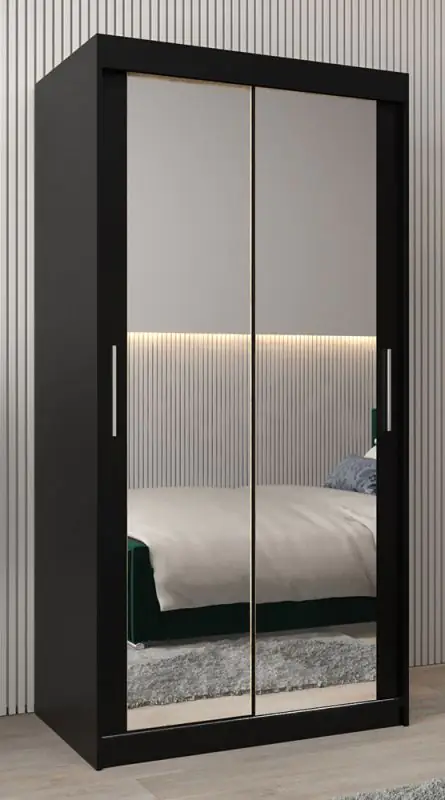 Armoire à portes coulissantes / Penderie Bisaurin 1D avec miroir, Couleur : Noir - Dimensions : 200 x 100 x 62 cm ( H x L x P)