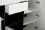 Salon lumineux complet - Ensemble B Idos, 6 pièces, Couleur : Blanc / Blanc brillant / Noir, avec verre Parsol, deux vitrines, une commode, un meuble TV, une table basse et une tablette murale