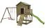 Tour de jeux S20D1, toit : vert, avec toboggan ondulé, balançoire double annexe, balcon, bac à sable, mur d'escalade et échelle en bois - Dimensions : 522 x 363 cm (l x p)